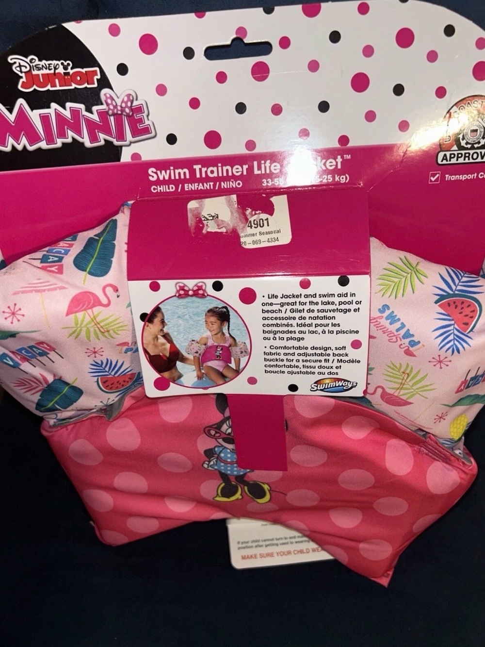 Disney Junior Minnie Girls Pink Polka Dot Swim Trainer Life Jacket 33-55Ibs